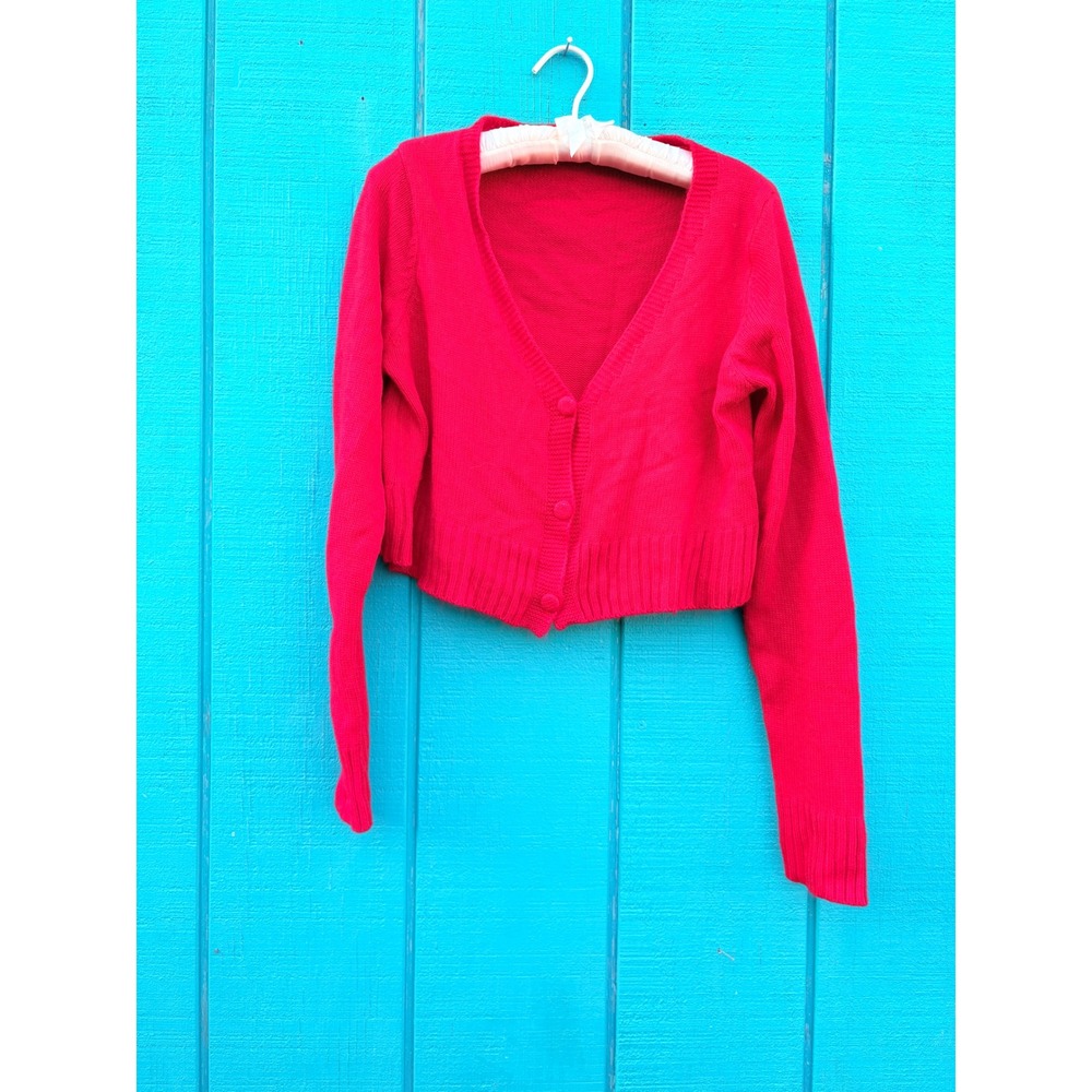 Womens Red Cropped Cardigan V-Neck Button Front Long Sleeve Knit Sweater